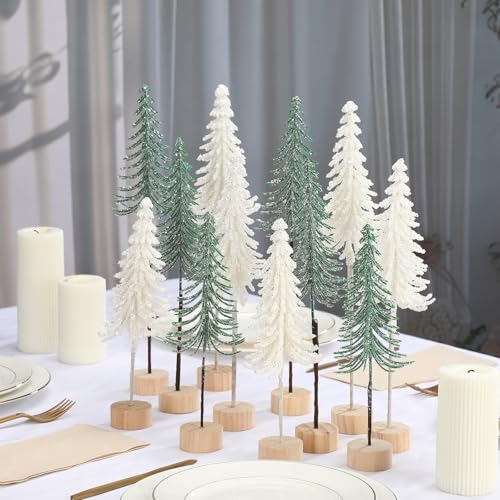 Jetec 6Pcs Mini Christmas Tree Set White with Wood Base Snowy Alpine Tabletop