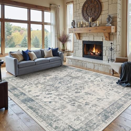 Blue & Grey 8x10 Boho Vintage Area Rug - Washable Non-Slip Living Room Carpet