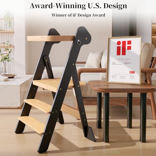 COSYLAND Foldable Toddler Kitchen Stool Adjustable Height with Safety Net & Feet - Wooden & Black, For Kids 18M-6Y