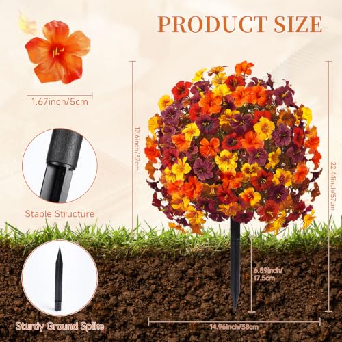 Artificial Fall Flowers with Ground Stake - 22 Inches Tall, UV Resistant Autumn Decor - Orange Yellow Brown Burgundy, 2 Pack