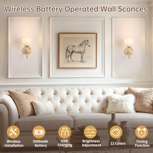 Battery Operated Wall Sconce Set of 2 - Dimmable Tulip Shade with Remote Control