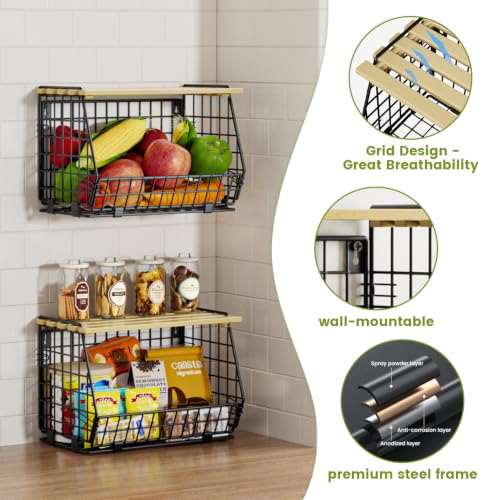 3 Pack Hanging Fruit Baskets for Kitchen Wall or Counter Storage - Black