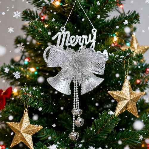 2 Pcs Metal Merry Christmas Bell Door Hanging Ornament with Bow for Tree & Wreath Decoration DIY Bells (Silver)