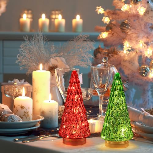 PHITRIC Red & Green Glass Christmas Trees with LED Timer - Indoor Holiday Decor, 2 pcs