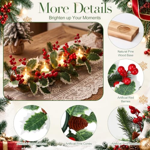 Qunclay Holly Christmas Candle Holder Set - 4 Wreaths & Glass Tea Light Holders