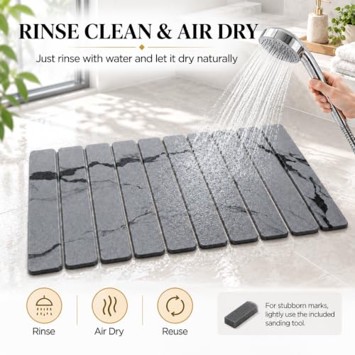 Dark Gray Rollable Stone Bath Mat for Bathroom, Quick Dry, Diatomaceous, 24x16 Inches