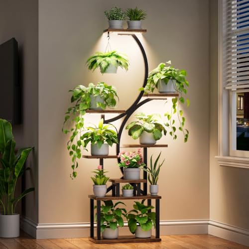 BACEKOLL S-Shape 8-Tier Indoor Plant Stand with Grow Lights, Tall Corner Shelf