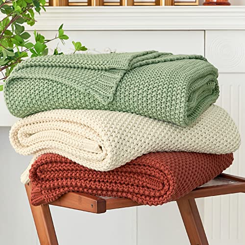Longhui Bedding Light Green Chunky Cable Knit Throw Blanket 51 x 63 in - 100% Organic Cotton