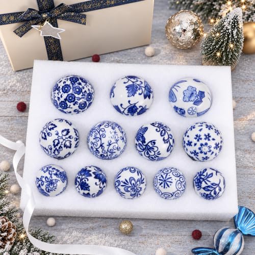 Blue & White Chinoiserie Ceramic Christmas Ornament Balls Set 12 Pcs 2.36in