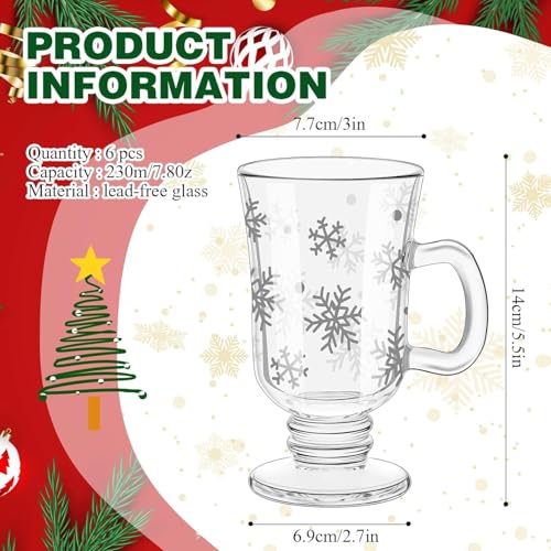 Set of 12 Snowflake Coffee Mugs 8 oz - Christmas Glass Tea & Hot Chocolate Cups