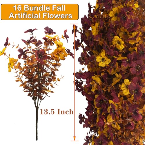 Fall Artificial Mum Flowers with Eucalyptus - 16 Bundles Autumn Faux Decor, UV Resistant for Front Door Porch & Patio - Orange, Yellow & Red