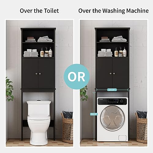 Over The Toilet Storage Cabinet - Bathroom Shelf with 2 Open Shelves & Door Cabinet - Black, Variation: 2 Open Shelves