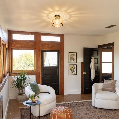 Zlepmlla Glass Ceiling Light - Black Hammered Glass Shade, Farmhouse Semi Flush Mount with Variation Black Wave