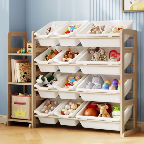 White Toy Storage Organizer with 3 Shelves & 12 Bins - Kids Room Shelving
