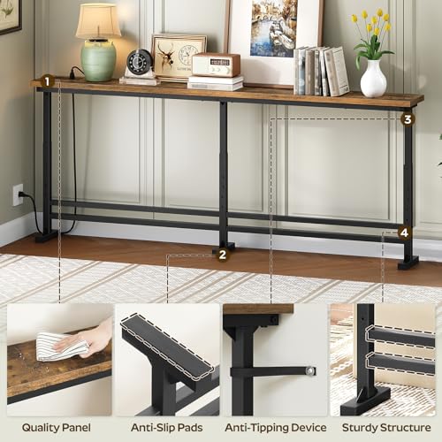 YATINEY Rustic Brown & Black 70.9" Adjustable Console Table with Power Outlet - Narrow Sofa Table for Living Room & Entryway, Model CT08UBR