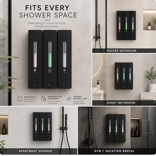 Wall-Mounted Shampoo and Conditioner Dispenser Set - No-Drill 1200ML Capacity - Black 3-Pack