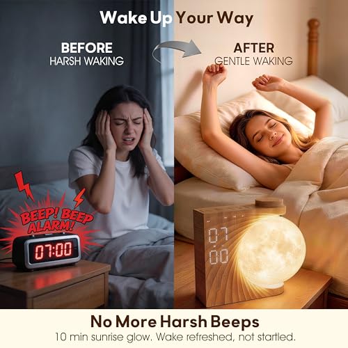 Wood Grain Sunrise Alarm Clock with Night Light & White Noise Machine - Dual Alarms for Heavy Sleepers