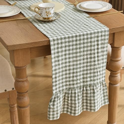 Sage Green Gingham Plaid Ruffle Table Runner 13 x 108 Inch - Farmhouse Cotton