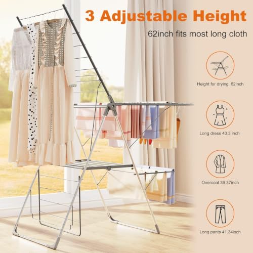 Bigzzia Foldable 2-Level Large Clothes Drying Rack - Gray, Adjustable Height