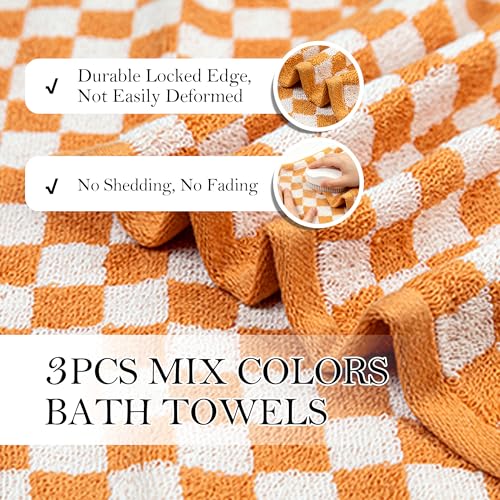 Large Checkered Cotton Bath Towels Set - 55x28 Inches, 600 GSM, 3 Pack - Orange Green Pink Variation