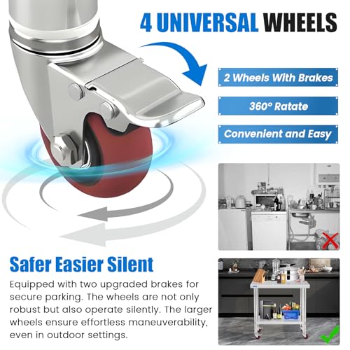 Stainless Steel Prep Table with Wheels & Adjustable Undershelf - 18x24 NSF Commercial Kitchen Workstation
