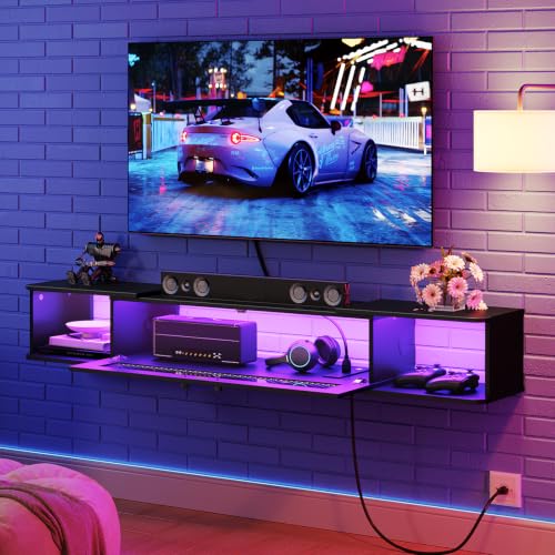 HOOBRO 55.1 Inch Floating TV Stand with LED Light & Power Outlets, Wall-Mounted Media Console for Up to 65" TVs, Black BK34UDDS01G1