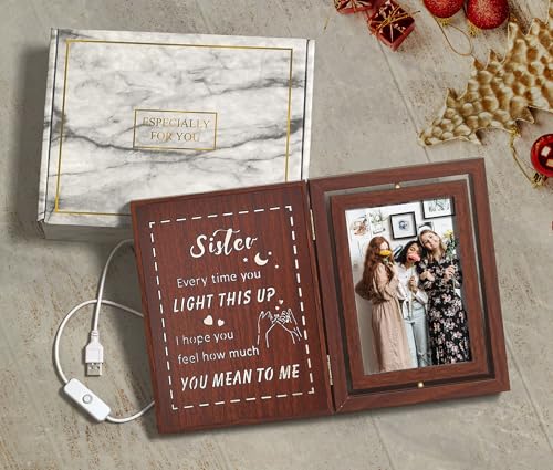 Soruney Sister 4x6 Rotating Lighted Picture Frame - USB Powered Wood Gift for BFF