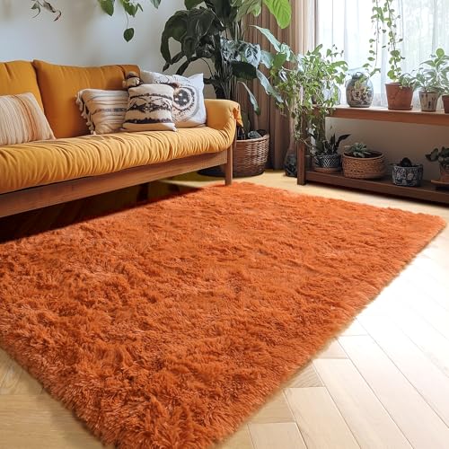 Amdrebio Burnt Orange Fall Fuzzy Shag Area Rug 5x7 - Kid & Living Room Decor