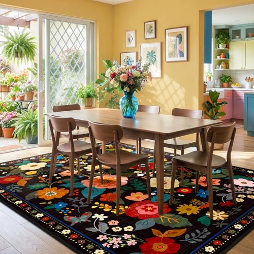 RELEANY Black Floral Washable 6x9 Area Rug - Non-Slip Boho Living Room Carpet