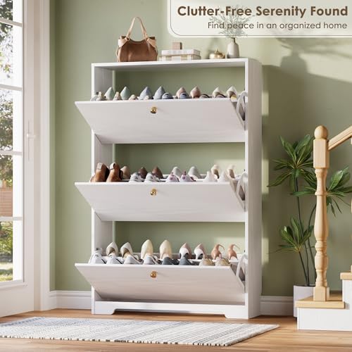 Nicetree White Shoe Cabinet with 3 Flip Drawers Narrow Shoe Organizer Modern Storage