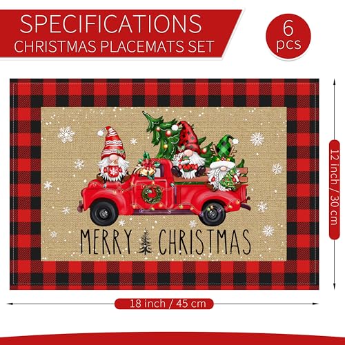 Christmas Truck Placemats Set of 6, Holiday Linen Table Mats for Dining, 12x18 inch