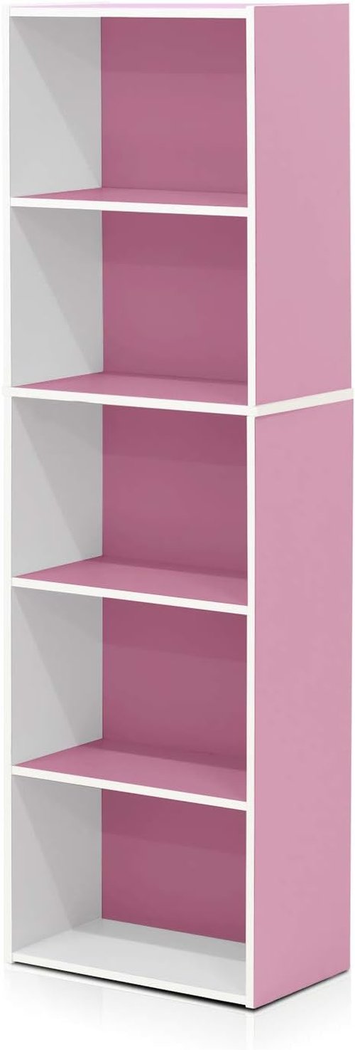 Furinno LUDER 5-Tier Bookshelf - Open Shelves for Easy Assembly | White/Pink, 9.4 x 15.8 x 52 Inches