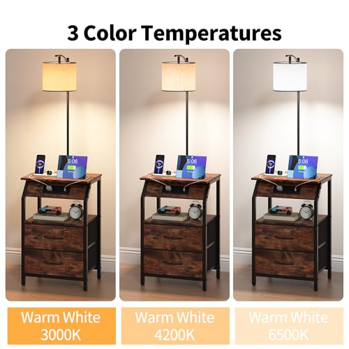 End Table with Floor Lamp and Charging Station - Brown 2 Drawers