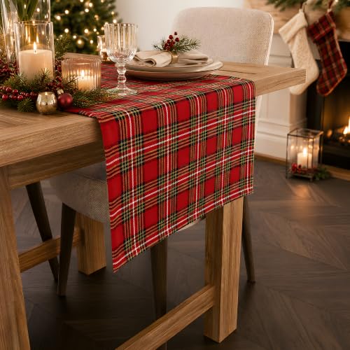 OHOME Christmas Plaid Red Table Runner - 13.8 x 73 in, 100% Polyester, Holiday Decor