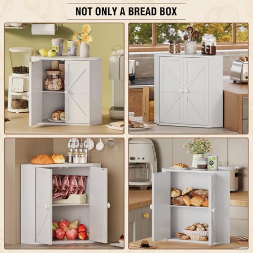White Corner Bamboo Bread Box Double Layer Large Capacity Kitchen Organizer