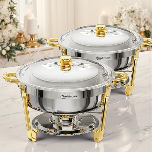 2 Pack Buffet Chafing Dishes 6QT Round Stainless Steel with Gold & Silver Finish