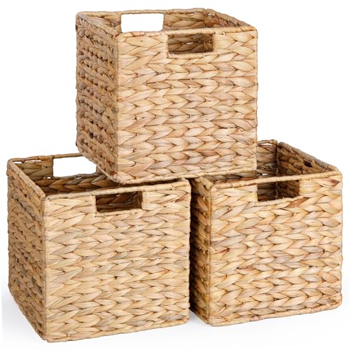 Water Hyacinth Storage Baskets Set of 3 - Collapsible Square Wicker Bins for IKEA Kallax, 10.5x10.5x10.75 Inches
