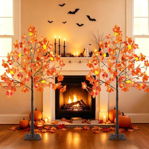 2 Pack 4ft Prelit Fall Maple Trees with Pumpkins & Acorns - Outdoor Indoor Decor