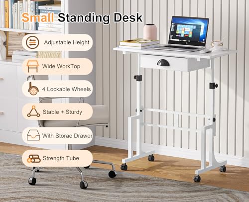 White Adjustable Standing Desk for Walking Pad Treadmill - Portable Mobile Laptop Workstation with Drawer, 31.89 x 15.75 Inches