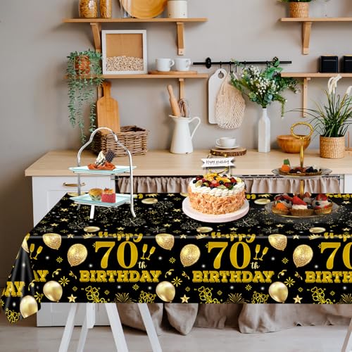 2 Pack 70th Birthday Tablecloth,Disposable Black Gold Plastic Waterproof Rectangular Table Covers for Christmas Party Decorations Men Women, 54 x 108 Inch