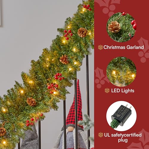 Joiedomi 9 ft Prelit Red Berries Pine Garland with 50 Warm White Lights - Christmas Greenery