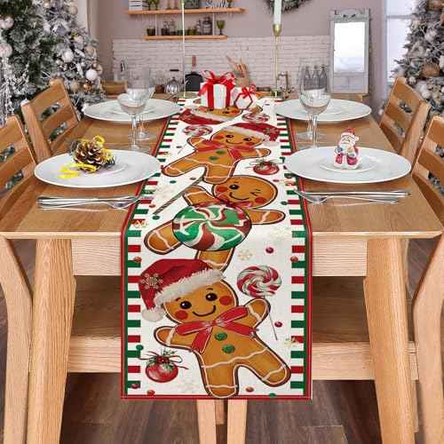 Gingerbread Candy Cane Christmas Table Runner, Christmas Runner for Table, Seasonal Winter Kitchen Dining Table Decoration for Home Party Decor 13x72 Inch