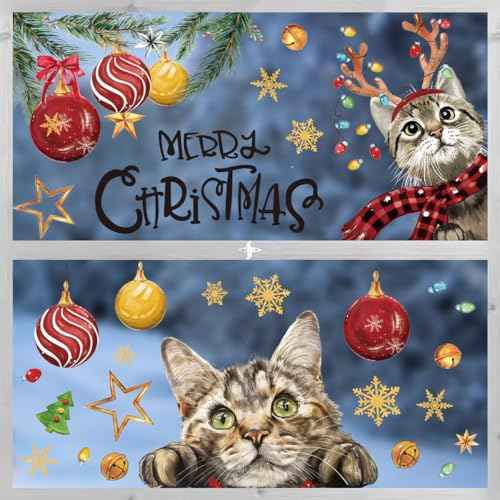 Horaldaily 100 PCS Christmas Window Cling Sticker, Xmas Bell Ball Ornaments Cat Snow for Home Party Supplies Shop Window Glass Display Decoration