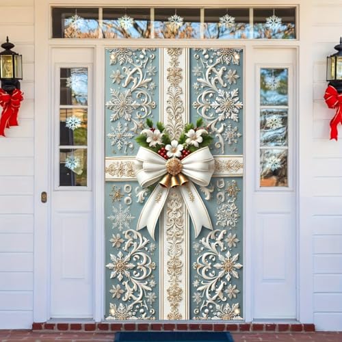 Christmas Door Cover Elegant White Bow Flowers Gold Bells 71x35 Inch - TOMHONG, Variation: Christmas Elegant Bow