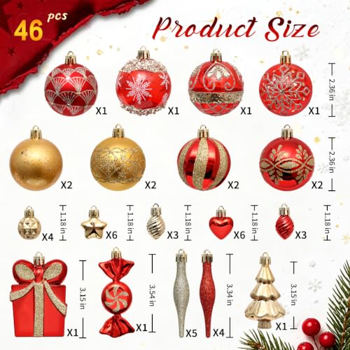 PurpleSwan 46Pcs Gold & Red Christmas Ornaments Set for Tree & Wreath - Red/Gold