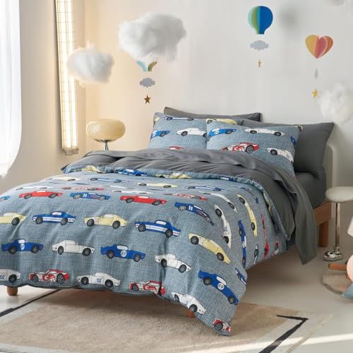 Wake In Cloud Twin Race Car Bedding Set for Boys - Colorful Supercar Comforter & Sheets, 5 Pieces