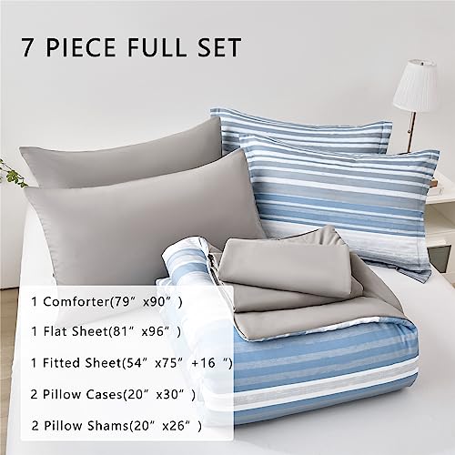Full Size Striped Comforter Set - 7 Piece Bed in a Bag Light Blue