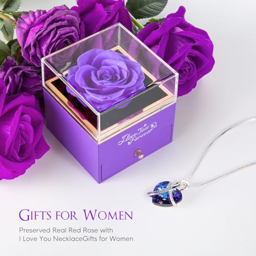 EleShow Preserved Real Rose with Heart Necklace, Eternal Flowers I