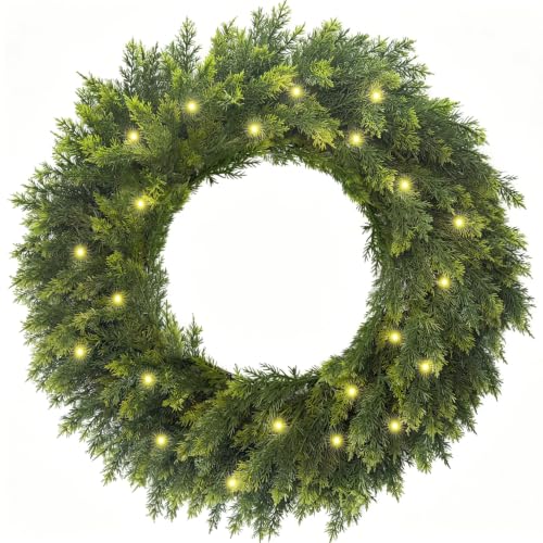 HipTree 30 Inch Real Touch Lighted Cedar Wreath for Front Door