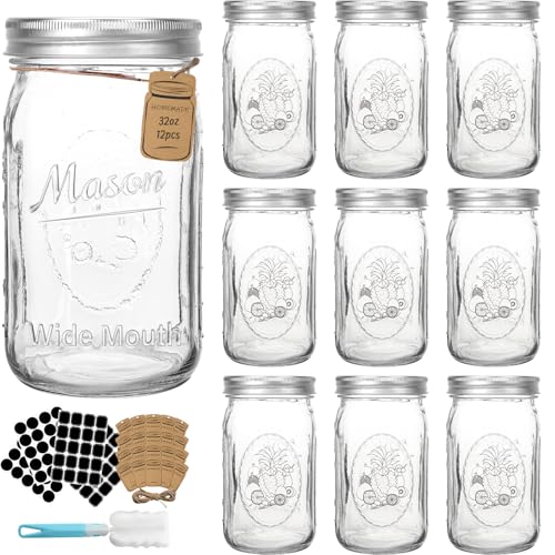 CycleMore 32oz Wide Mouth Mason Jars - 12 Pack Large Glass Food Storage Containers with Airtight Lids